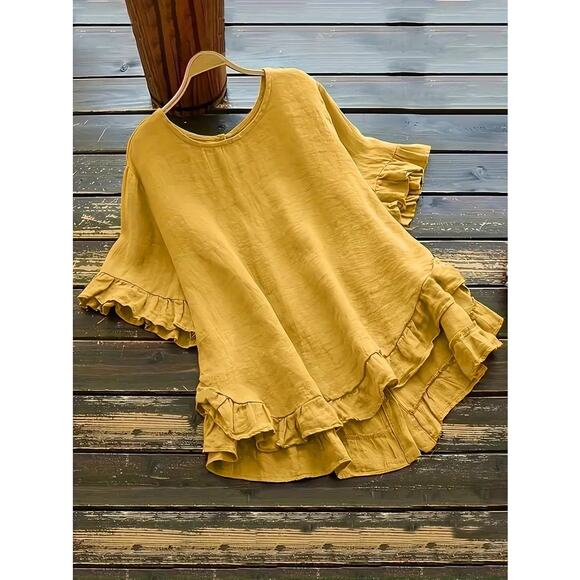 Blouse Womens 2XL Yellow NWT Button Front Ruffle Hem Flowy Short Sleeve Top - Picture 1 of 10